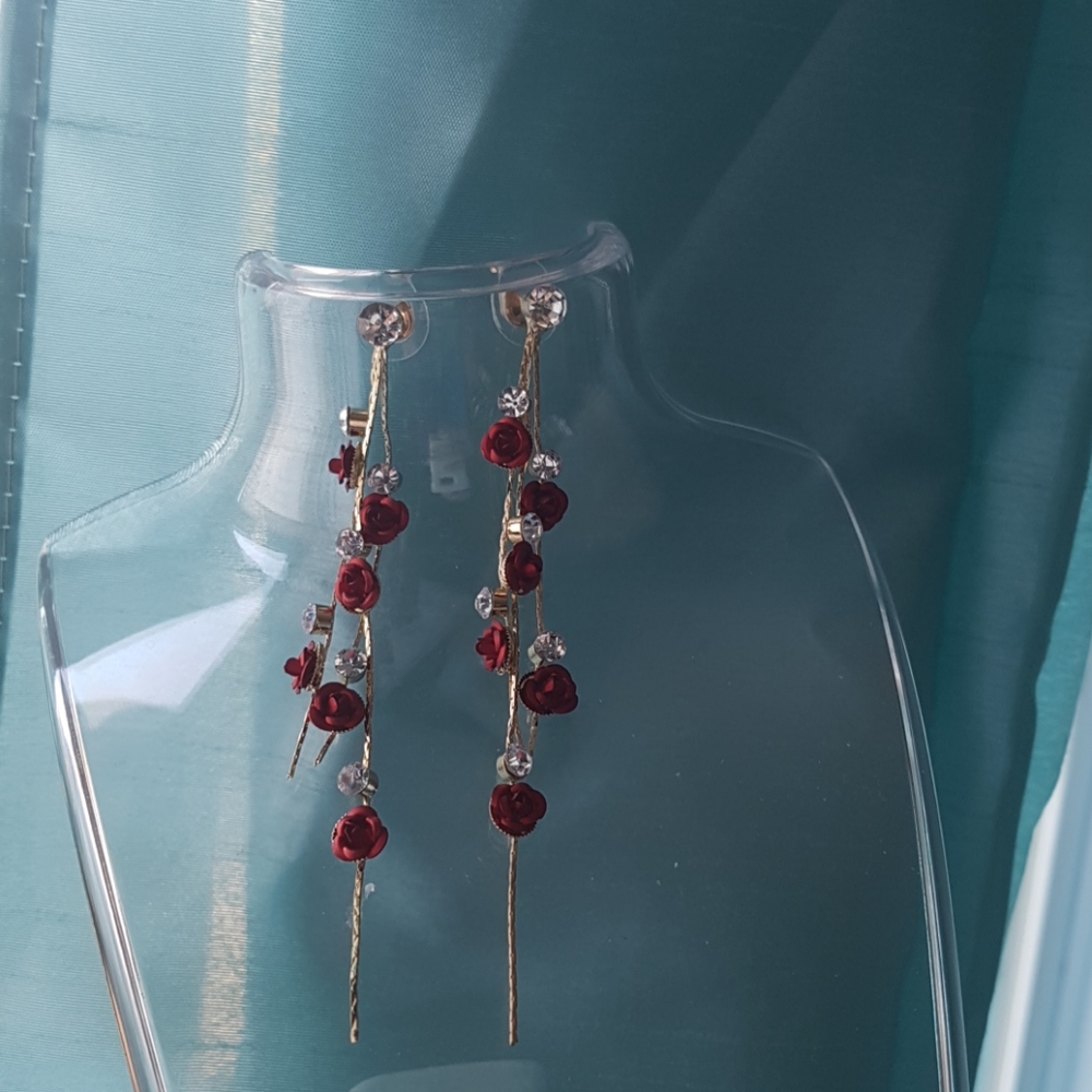 S925 Red Rose's Drop Earrings - Picture 2 of 7